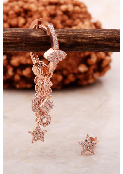 Yıldız Rose Gümüş Kombin Şans Küpe 5461
