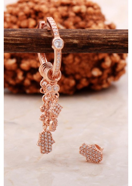 Bereket Eli Rose Gümüş Kombin Şans Küpe 5463