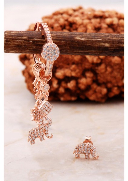 Fil Rose Gümüş Kombin Şans Küpe 5470