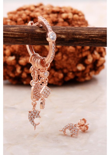 Yunus Balığı Rose Gümüş Kombin Şans Küpe 5472