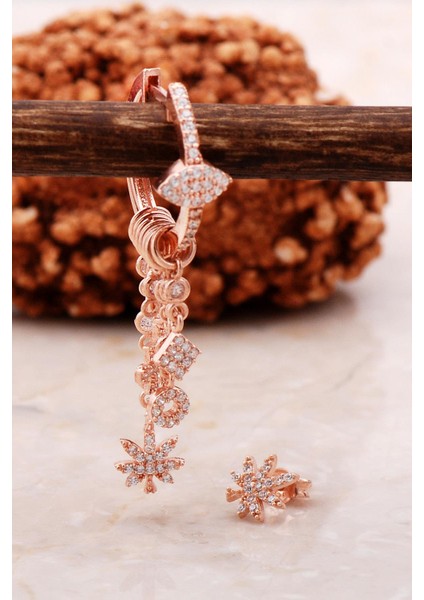 Yaprak Rose Gümüş Kombin Şans Küpe 5474