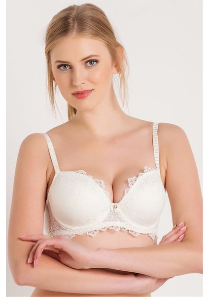 4592 Kadın Ekru Brode Dantelli Çıkarılabilir Dolgulu Süngerli Push-Up Sütyen