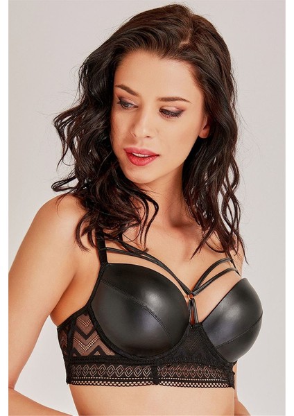 4748 Kadın Siyah Deri Zigzag Dantelli Sütyen