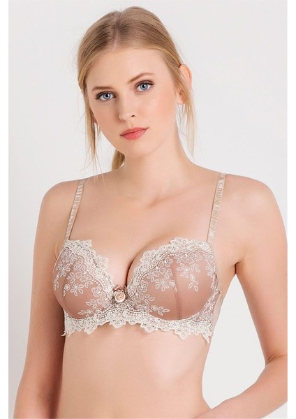 4592 Kadın Vizon Brode Dantelli Çıkarılabilir Dolgulu Süngerli Push-Up Sütyen