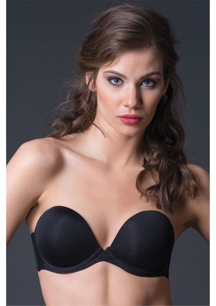 2087 Kadın Siyah Düz Kumaşlı Çok Dolgulu Askısız Dekolteli Push-Up Straplez Sütyen