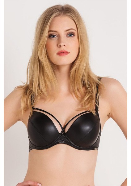 4759 Kadın Siyah Deri Görünüm Kumaşlı Ince Süngerli Çıkarılabilir Dolgulu Sütyen