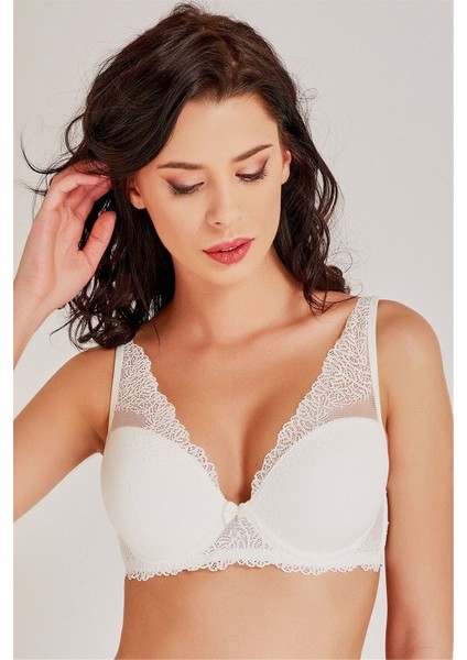 3912 Kadın Ekru Dantelli Süngerli Sütyen