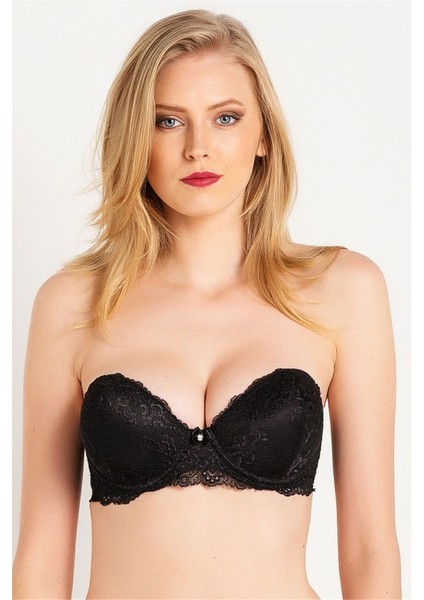 2060 Kadın Siyah Dantelli Su Dolgulu Straplez Sütyen