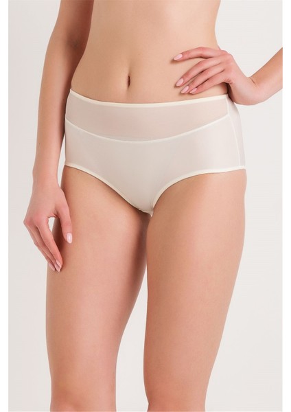 783 Kadın Ekru Geniş Kenarlı Yüksek Bel Tüllü Külot