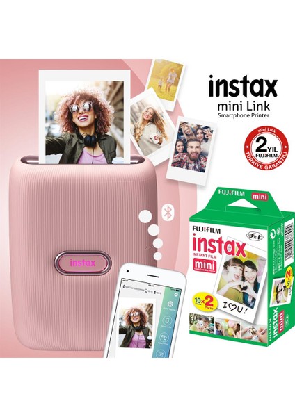 Instax Mini Link Pembe Akıllı Telefon Yazıcısı ve 20'li Mini Film