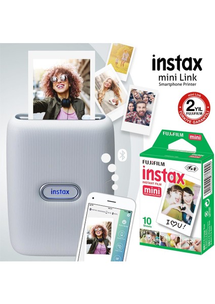 Instax Mini Link Beyaz Akıllı Telefon Yazıcısı ve 10'lu Mini Film