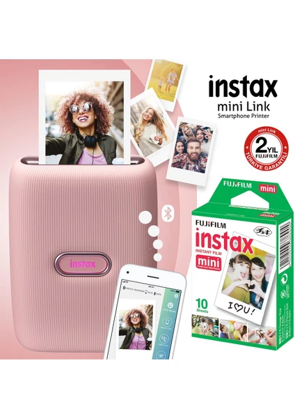 Instax Mini Link Pembe Akıllı Telefon Yazıcısı ve 10'lu Mini Film