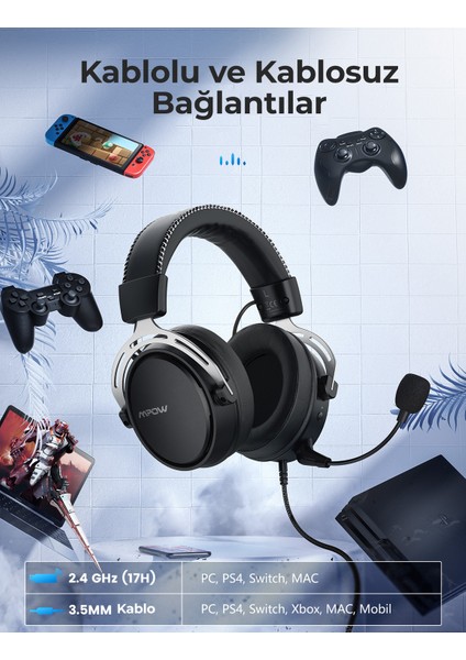 Air II Kablo Üzeri Kontrollü 3D Surround Kablosuz Oyuncu Kulaklığı PC/PS4/Xbox One/Switch Gümüş