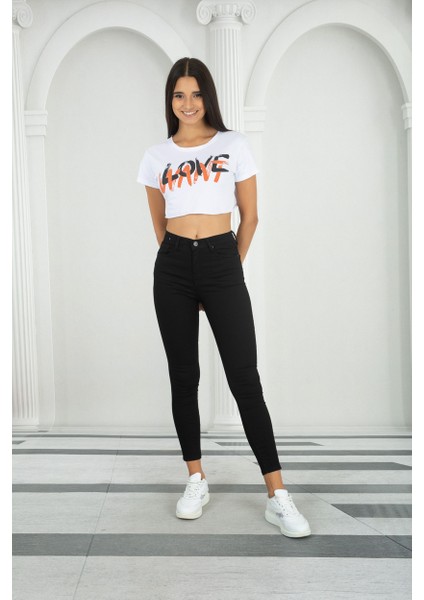 Siyah Kadın Skinny Yüksek Bel Bilek Boy Dar Paça Likralı Pantolon