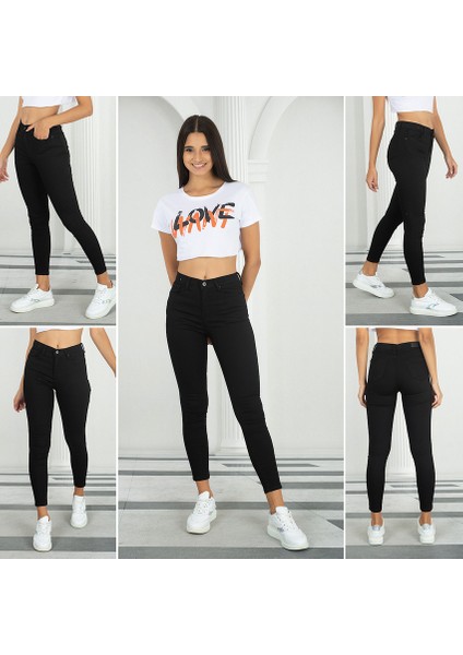 Siyah Kadın Skinny Yüksek Bel Bilek Boy Dar Paça Likralı Pantolon fırsatları