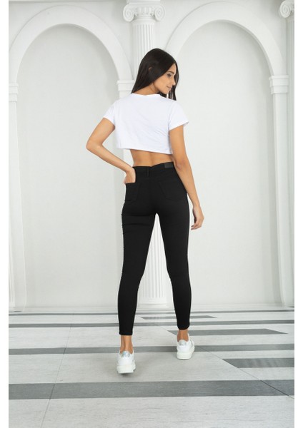Siyah Kadın Skinny Yüksek Bel Bilek Boy Dar Paça Likralı Pantolon indirimleri
