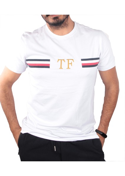 Erkek Likralı Kumaş Baskı ve Nakışlı Bisiklet Yaka Beyaz