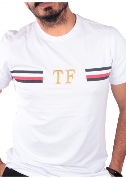 Erkek Likralı Kumaş Baskı ve Nakışlı Bisiklet Yaka Beyaz fiyatları