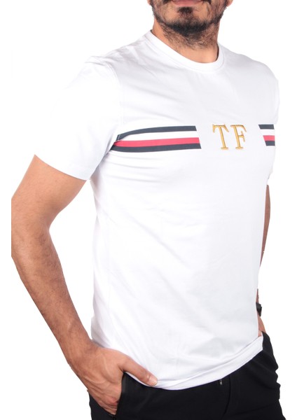 Erkek Likralı Kumaş Baskı ve Nakışlı Bisiklet Yaka Beyaz modelleri