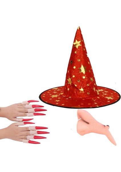 Yetişkin Kırmızı Renk Yıldızlı Cadı Şapkası Tırnak Burun Set Model 7