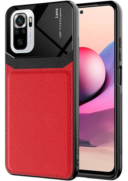 - Xiaomi Redmi Note 10 - Kılıf Deri Görünümlü Parlak Mika Tasarımlı Emiks Kapak - Kırmızı