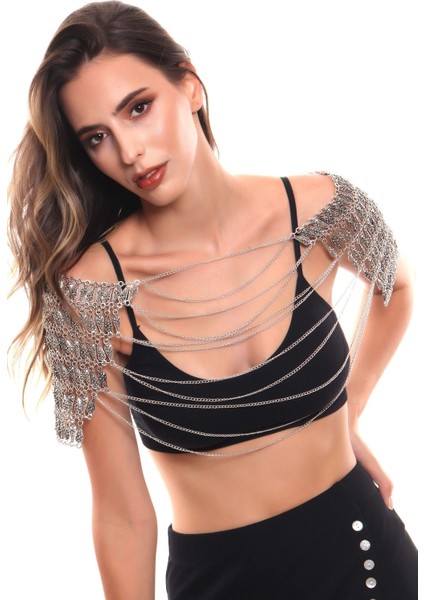 Kadın Antik Gümüş Kaplama El Yapımı Bohem Omuz Kolyesi