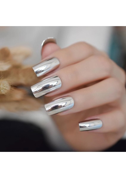 Gümüş Metalik Takma Tırnak Lüks Parlak Ayna Efektli Uzun Boy Kare Nail Art Yapıştırıcılı Set