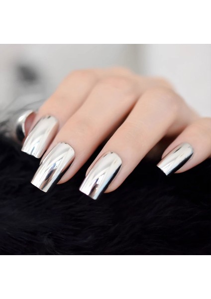 Gümüş Metalik Takma Tırnak Lüks Parlak Ayna Efektli Uzun Boy Kare Nail Art Yapıştırıcılı Set fiyatları