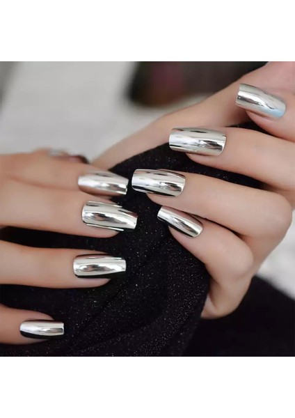 Gümüş Metalik Takma Tırnak Lüks Parlak Ayna Efektli Uzun Boy Kare Nail Art Yapıştırıcılı Set fırsatları
