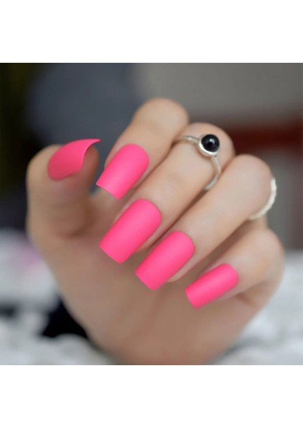 Neon Pembe Mat Takma Tırnak Lüks Uzun Boy Kare Nail Art Yapıştırıcılı False Nails Set