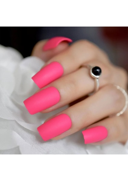 Neon Pembe Mat Takma Tırnak Lüks Uzun Boy Kare Nail Art Yapıştırıcılı False Nails Set fiyatları