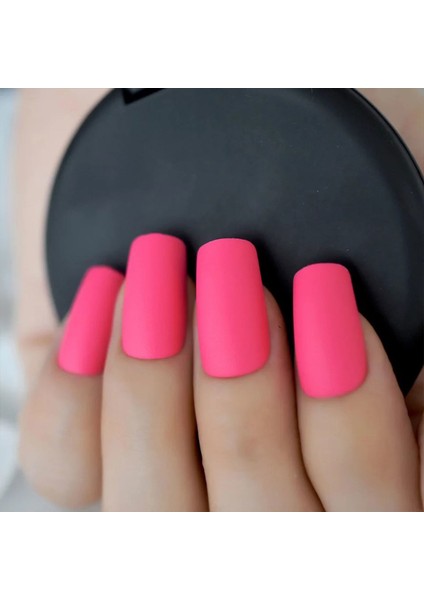 Neon Pembe Mat Takma Tırnak Lüks Uzun Boy Kare Nail Art Yapıştırıcılı False Nails Set fırsatları
