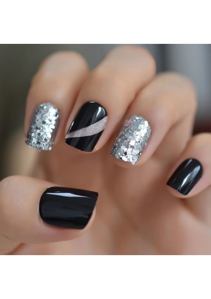 Siyah Beyaz Gümüş Simli Takma Tırnak Lüks Parlak Desenli Kısa Boy Kare Nail Art Yapıştırıcılı Set fiyatları