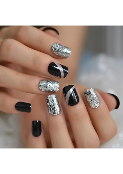 Siyah Beyaz Gümüş Simli Takma Tırnak Lüks Parlak Desenli Kısa Boy Kare Nail Art Yapıştırıcılı Set modelleri