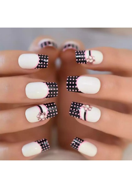 Beyaz Pembe Siyah French Takma Tırnak Lüks Kristal Taşlı Desenli Uzun Kare Nail Art Set
