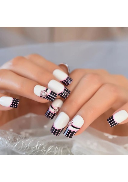 Beyaz Pembe Siyah French Takma Tırnak Lüks Kristal Taşlı Desenli Uzun Kare Nail Art Set