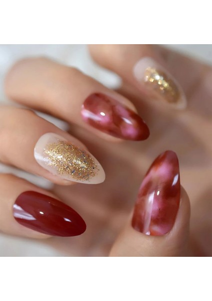 Kırmızı Beyaz Altın Simli French Takma Tırnak Lüks Desenli Uzun Oval Stiletto Nail Art Set