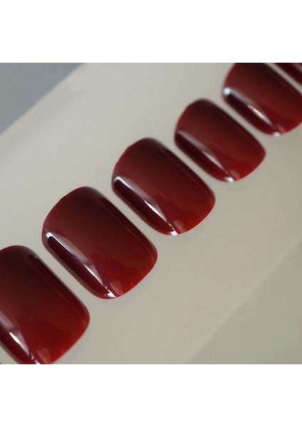 Koyu Kırmızı Bordo Takma Tırnak Lüks Parlak Doğal Kısa Boy Kare Nail Art Yapıştırıcılı Set