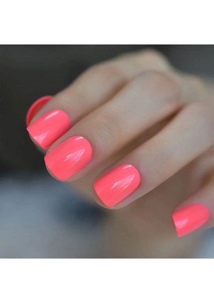 Neon Pembe Takma Tırnak Lüks Parlak Doğal Kısa Boy Nail Art False Nails Set