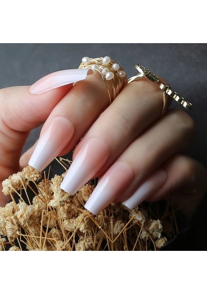 Natürel Pembe Beyaz Ombre French Takma Tırnak Lüks Doğal Extra Uzun Kare Ballerina Nail Art Set