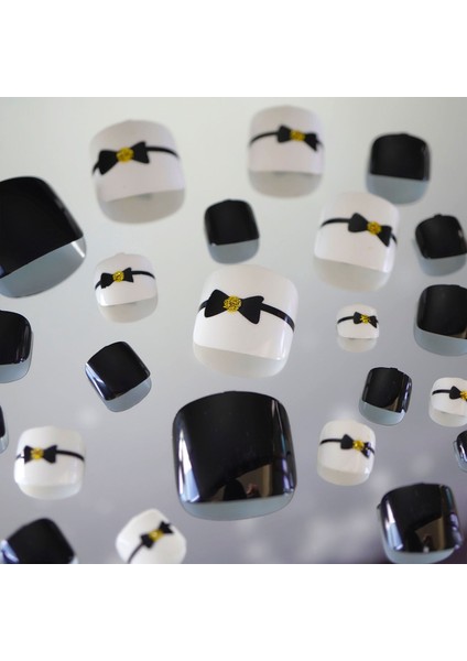Siyah Beyaz Ayak Takma Tırnak Lüks Parlak Doğal Pedikür Natürel Desenli Nail Art Yapıştırıcı Kit