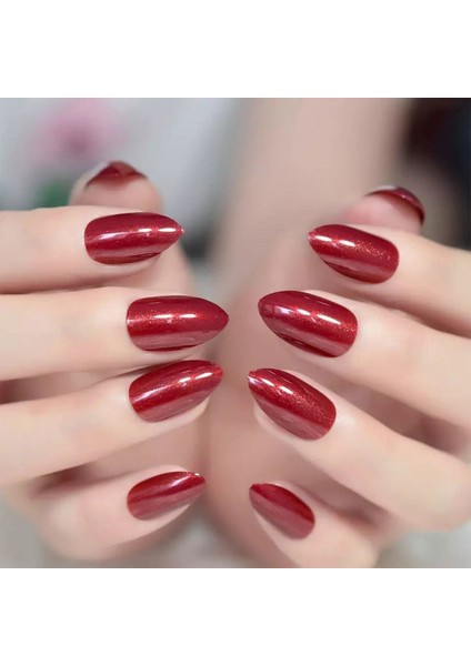 Eda Luxury Beauty Koyu Kırmızı Bordo Simli Takma Tırnak Lüks Parlak Medium Orta Boy Oval Stiletto Nail Art Set