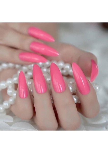 Neon Pembe Takma Tırnak Lüks Parlak Extra Uzun Sivri Uçlu Stiletto Nail Art Set