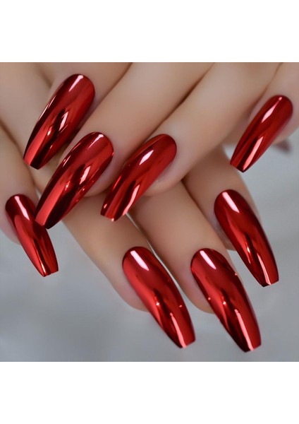 Kırmızı Metalik Takma Tırnak Lüks Parlak Extra Uzun Kare Coffin Ballerina Nail Art Set
