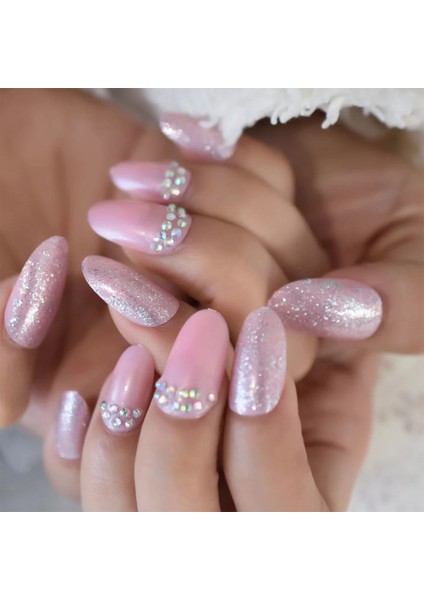 Pembe Simli Takma Tırnak Lüks Kristal Taşlı Desenli Orta Boy Oval Stiletto Nail Art Set