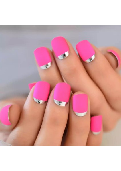 Pembe Mat Metalik Gümüş French Takma Tırnak Lüks Doğal Kısa Boy Nail Art Yapıştırıcı Set