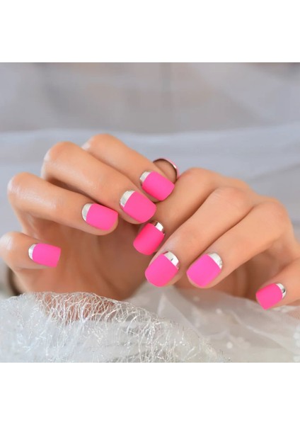 Pembe Mat Metalik Gümüş French Takma Tırnak Lüks Doğal Kısa Boy Nail Art Yapıştırıcı Set