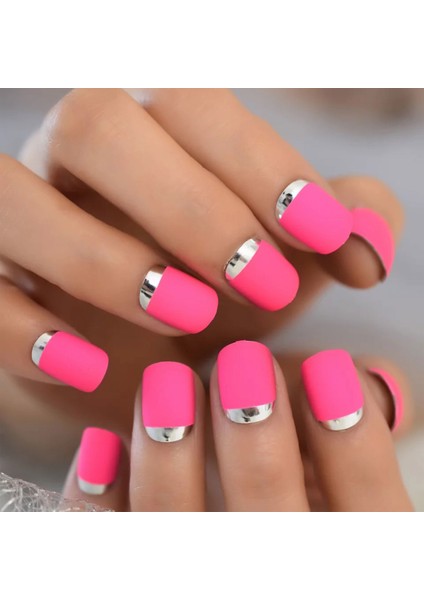 Pembe Mat Metalik Gümüş French Takma Tırnak Lüks Doğal Kısa Boy Nail Art Yapıştırıcı Set