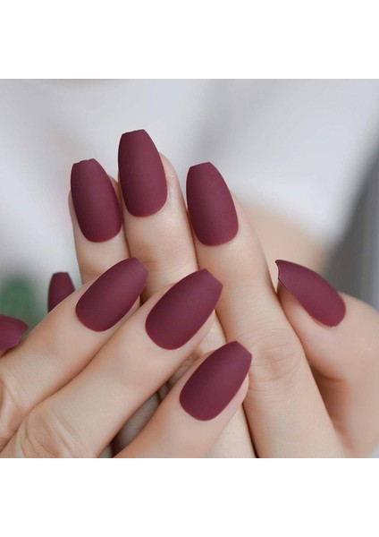 Koyu Kırmızı Bordo Mat Takma Tırnak Lüks Uzun Kare Coffin Ballerina Nail Art Set