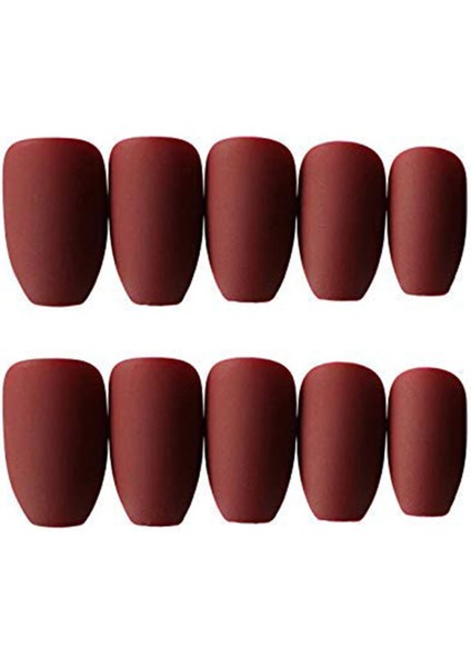 Koyu Kırmızı Bordo Mat Takma Tırnak Lüks Uzun Kare Coffin Ballerina Nail Art Set modelleri
